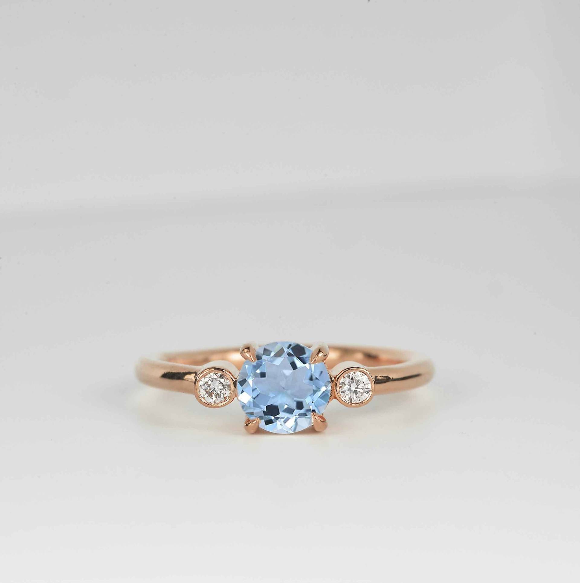 Aquamarin Verlobungsring | Zierliche Jubiläum Ring Rund Diamant Versprechen Art Deco 9K/14K/18K Rosegold Luxus von BrilliantRings