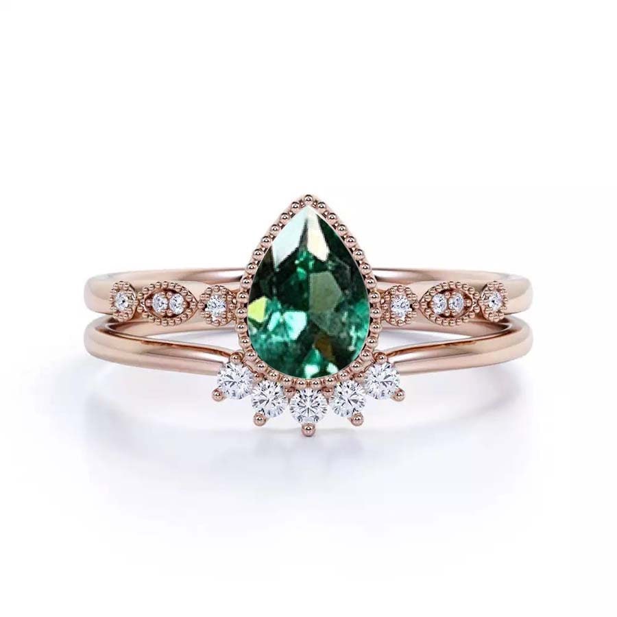 Birne Mint Grün Saphir Art Deco Ring Und Rundes Diamant Hochzeitsband | Zierliche 9K/14K/18K Rose Gold Verlobungsring Ehering von BrilliantRings