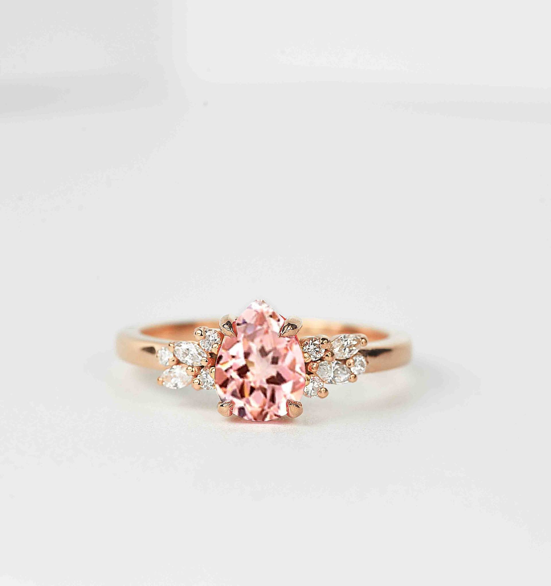 Birne Pfirsich Saphir Verlobungsring | Einzigartiger Und Weißer Diamant Cluster Ring Hochzeit Braut 9K/14K/18K Rosegold von BrilliantRings