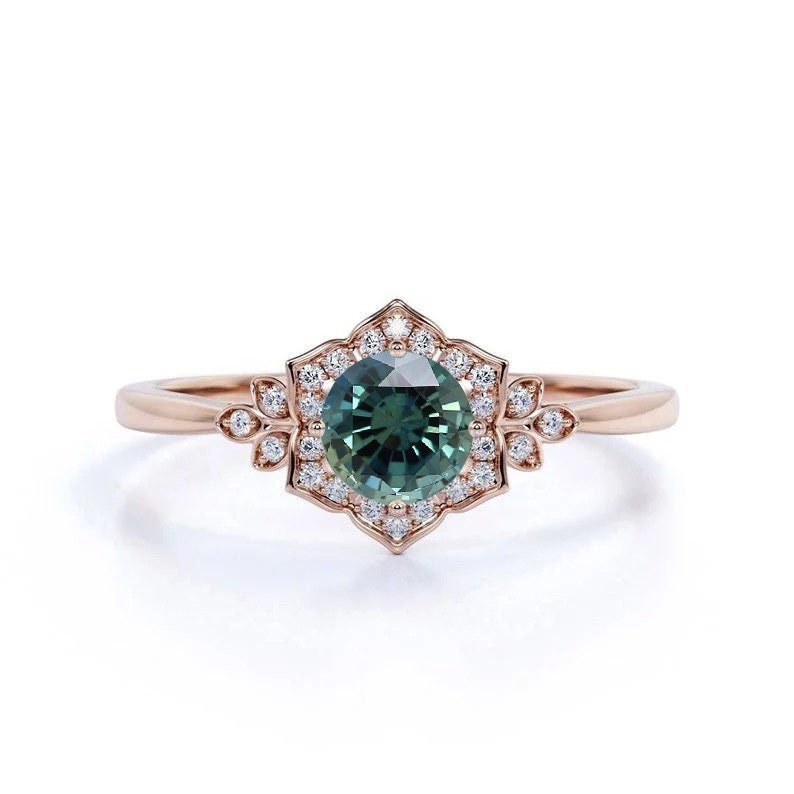 Blaugrüner Saphir Und Diamant-Cluster-Ring | Art-Deco-Inspiriert Verlobungsring 9K, 14K, 18K Roségold Brautring Türkis Geschenk Ring von BrilliantRings