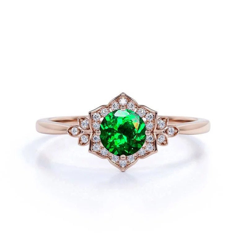 Grüner Tsavorit Und Runder Weißer Diamant Cluster Ring | Art Deco Inspirierter Zierliche Verlobungsring 9K, 14K, 18K Rose/Weißgold Brautring von BrilliantRings