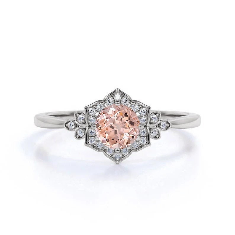 Morganit Und Rund Diamant Cluster Ring | Art Deco Inspirierter Zierliche Verlobungsring 9K, 14K, 18K Rose/Weißgold Brautring Für Sie von BrilliantRings