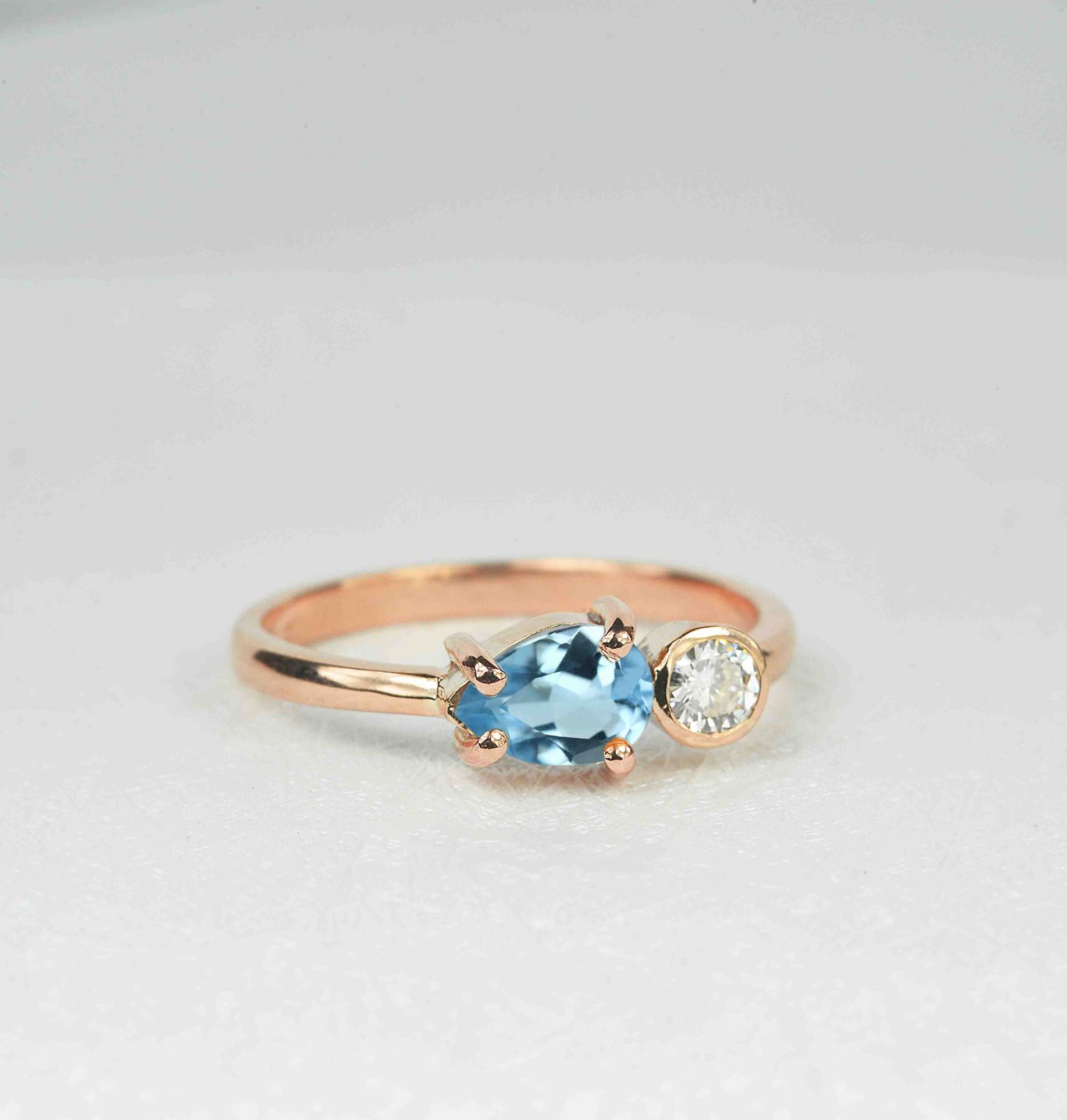 Pear Aquamarin Und Diamant Verlobungsring | Handgefertigt Art Deco Ring Vintage Inspirierter Zierliche in 9K/14K/18K Roségold von BrilliantRings