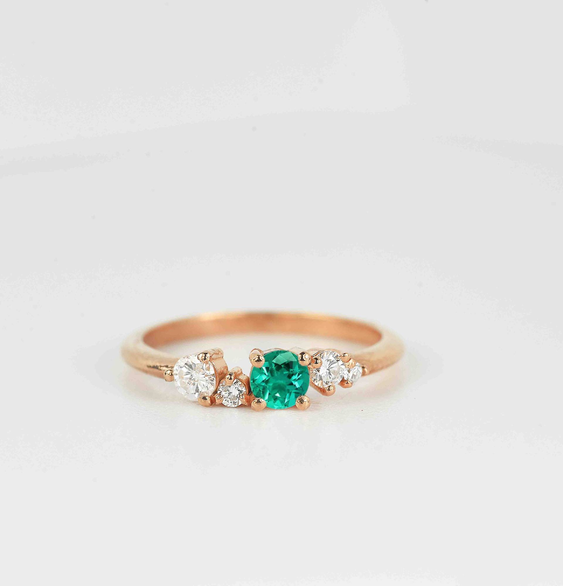 Runde Geschnitten Smaragd Verlobungsring | Und Diamant-Promi-Ring Diamant Multi-stein Versprechen Ring Vintage Inspiriert Rose Gold von BrilliantRings