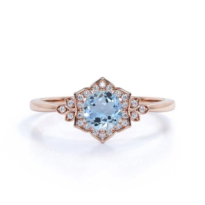 Runder Aquamarin Und Diamant Cluster Ring | Art Deco Inspirierter Zierliche Verlobungsring 9K, 14K, 18K Rose/Weißgold Oder Platin Brautring von BrilliantRings