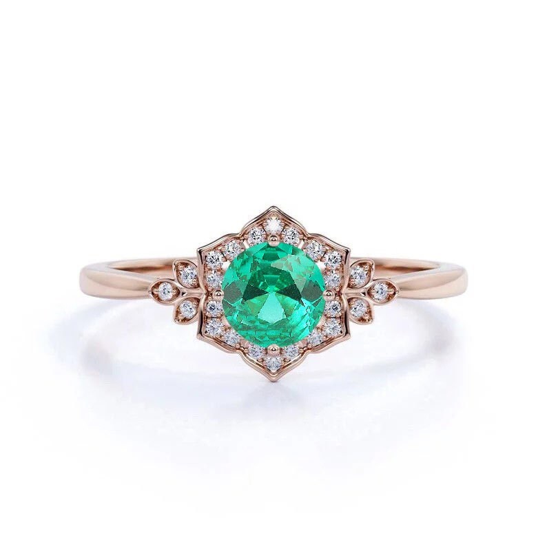 Runder Paraiba Turmalin Diamant Ring | Art Deco Inspirierter Zierliche Verlobungsring 9K, 14K, 18K Rose/Weißgold Brautring Für Sie von BrilliantRings