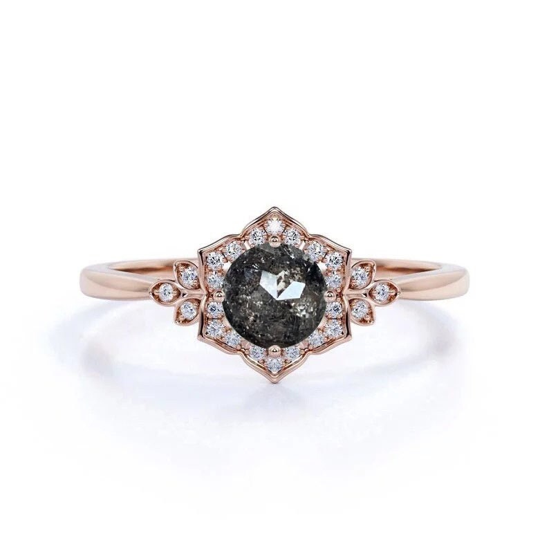 Salz Und Pfeffer Diamant Rund Cluster Ring | Art Deco Inspirierter Zierliche Verlobungsring 9K, 14K, 18K Rose/Weißgold Brautring von BrilliantRings