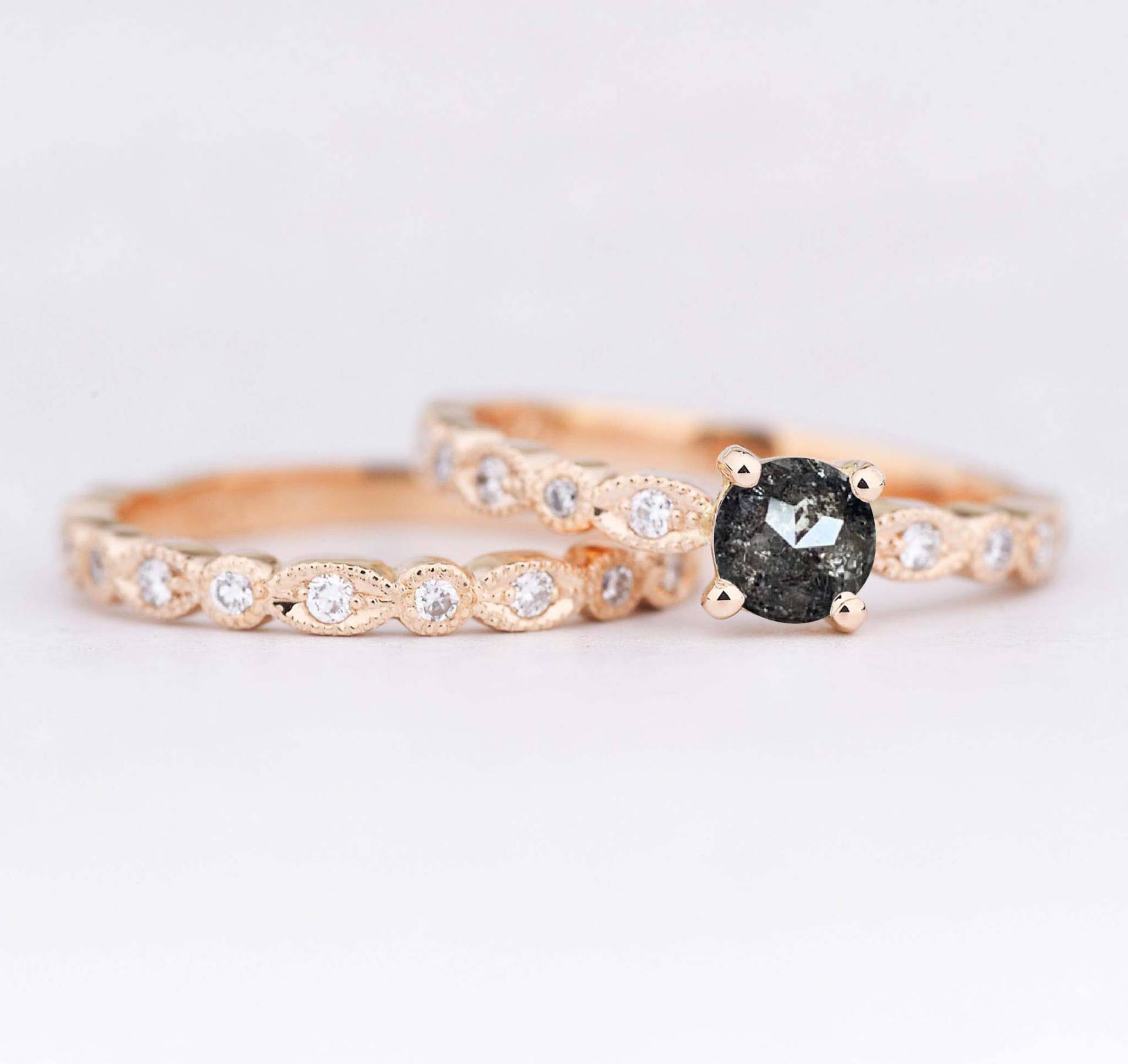 Salz Und Pfeffer Ring Mit Ehering | Diamant Geschenkband Für Mama Rose Gold Geschenk Band Grauer Vintage Sie Gesetzt von BrilliantRings