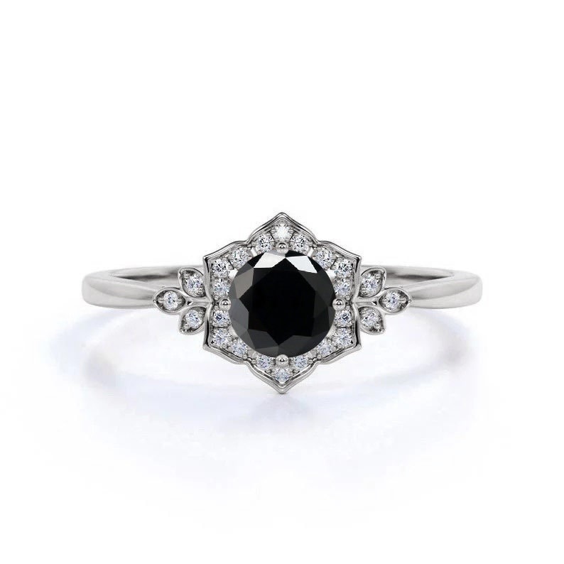 Schwarzer Diamant Und Runder Weißer Cluster Ring | Art Deco Inspirierter Zierliche Verlobungsring 9K, 14K, 18K Rose/Weißgold Brautring von BrilliantRings