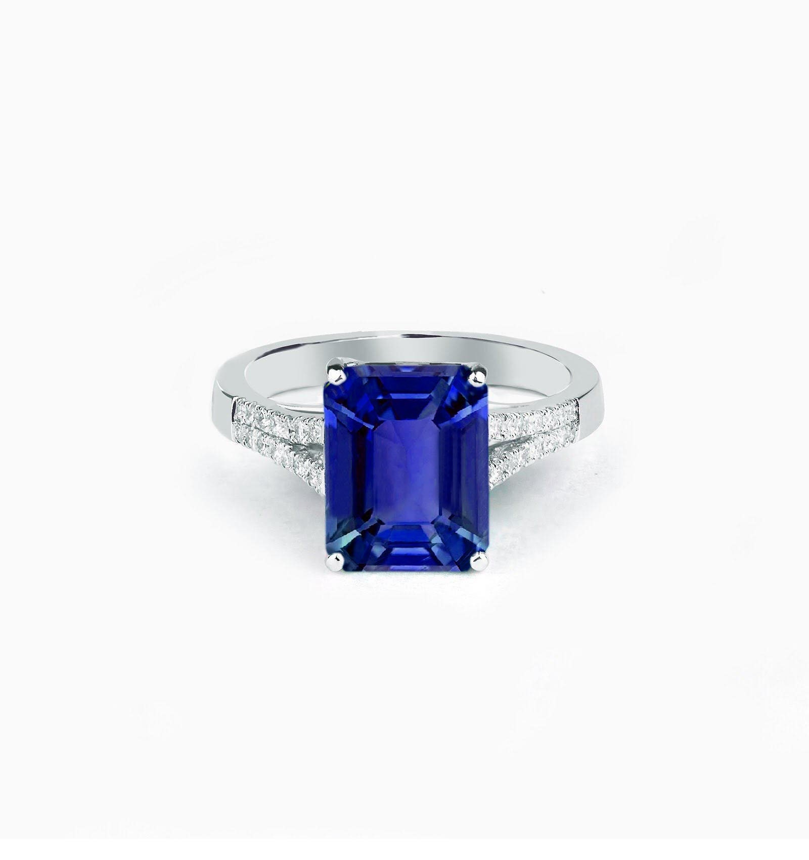 Smaragdschliff Mittelblauer Saphir Und Diamant Zierliche Ring | Art Deco Verlobungsring Smaragdschliffring in 9K/14K/18K Weißgold von BrilliantRings