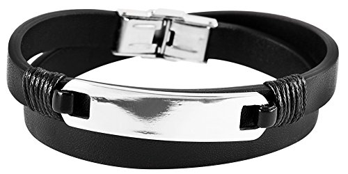 Brillibrum Design ID Schmuck Armband Echtleder Wickelarmband mit Edelstahl Platte Lederarmband schwarz Wickelband Armschmuck (Ohne Gravur, Wickelarmband Modell 1) von Brillibrum