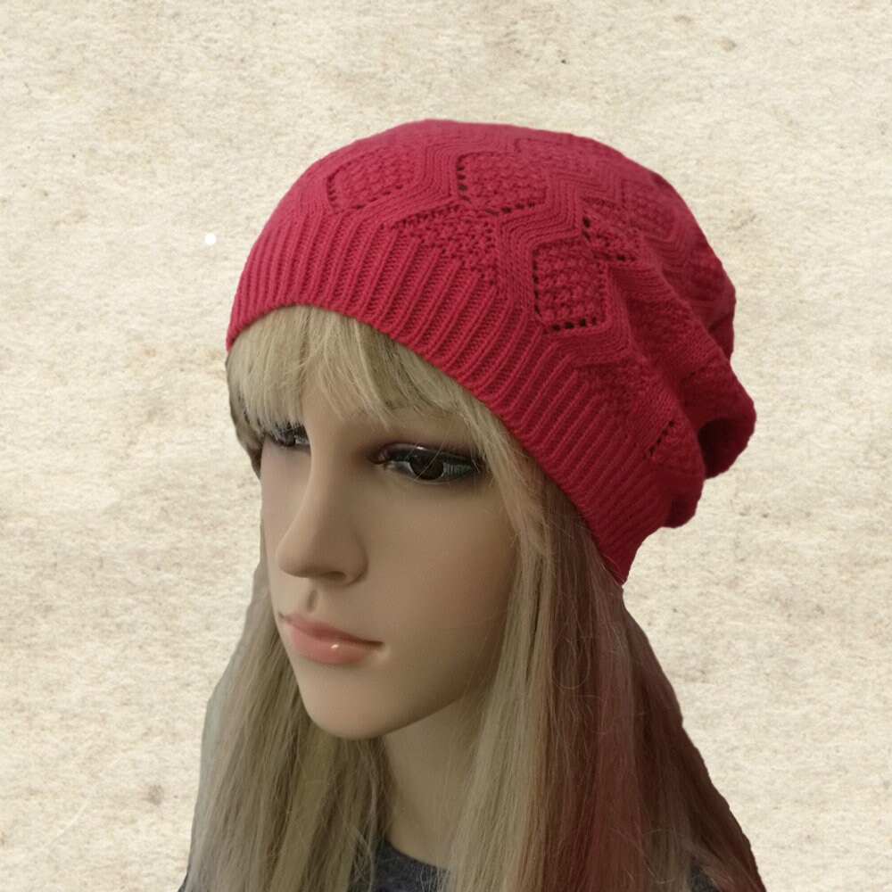 Rosa Strick-Slouchy Beanie Boho-Mütze Aus Wollmischung von BrimDream