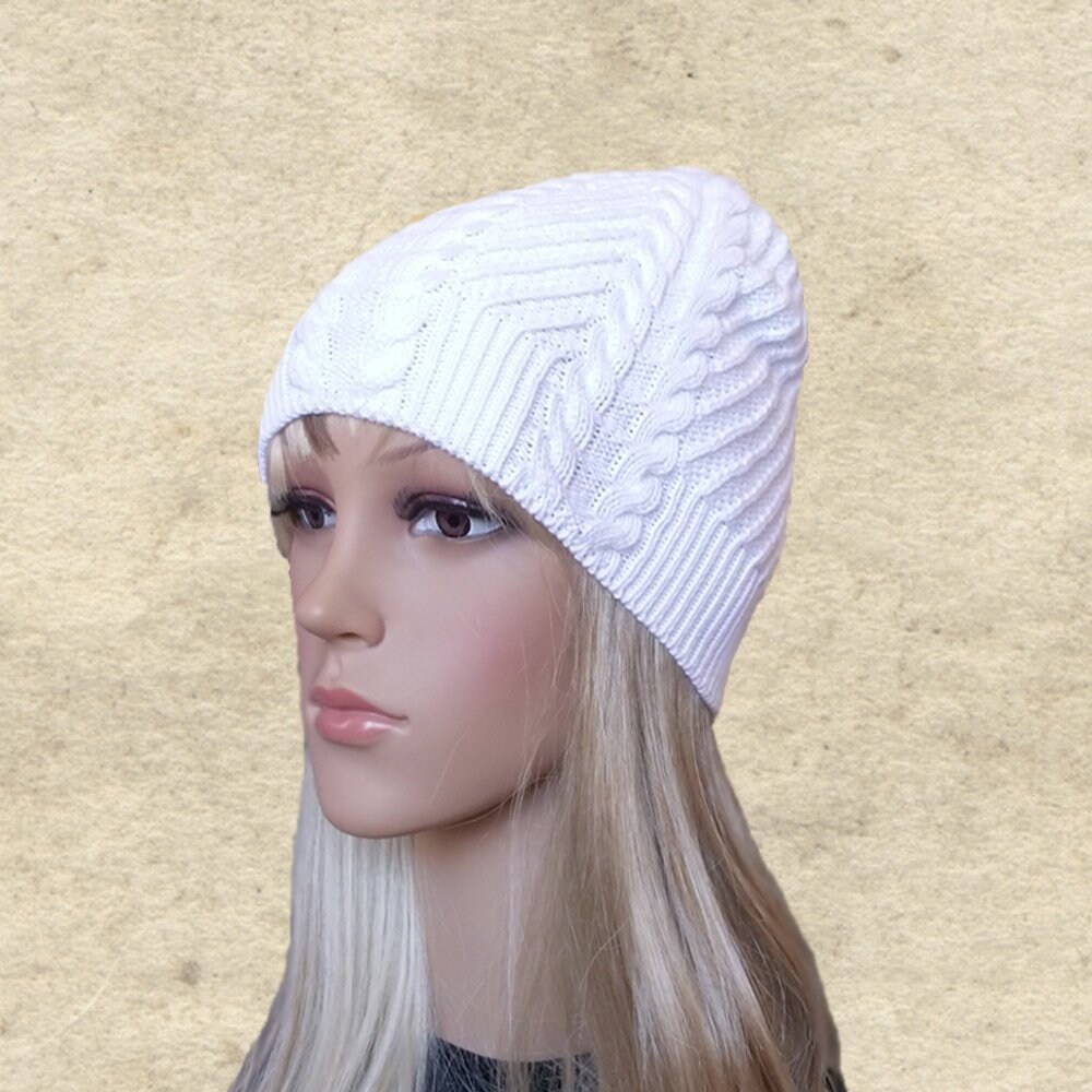 Weiß Gestrickt, Beanie Wollmischung Boho-Mütze von BrimDream