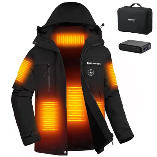 Brimekey Beheizbare Jacke Damen, Beheizte Fleece Ski-Jacken Wasserdicht Winddicht mit 12000 mAh Akku, 6 Heizung Zonen & 3 Heizstufen, Heizjacke mit Kapuze für Frauen Outdoor Winter von Brimekey