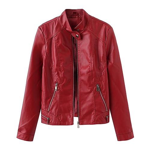 Mode Jacke mit Stehkragen aus Kunstleder für Damen, Persönlichkeit, kurze Jacke, Reißverschluss, schick und elegant, Langarm, Bomberjacke mit Taschen, Übergangsjacke, wilde Jacke, rot, 48 von Bringbring_sweatshirt