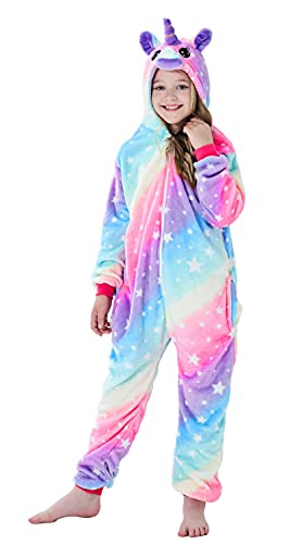 Onesie Pyjama Kinder Schlafanzug Einteiler Tier Jumpsuit Cosplay Kostüme Tier Outfit Kapuze Strampler Nachtwäsche Halloween Weihnachten Party Nachthemd Unisex Junge Mädchen 01,110-120cm von Brinny