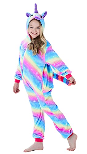 Onesie Pyjama Kinder Schlafanzug Einteiler Tier Jumpsuit Cosplay Kostüme Tier Outfit Kapuze Strampler Nachtwäsche Halloween Weihnachten Party Nachthemd Unisex Junge Mädchen 04,110-120cm von Brinny