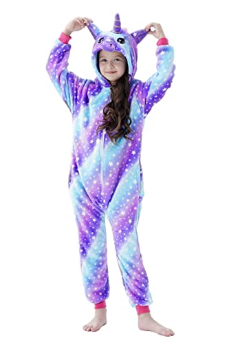 Onesie Pyjama Kinder Schlafanzug Einteiler Tier Jumpsuit Cosplay Kostüme Tier Outfit Kapuze Strampler Nachtwäsche Halloween Weihnachten Party Nachthemd Unisex Junge Mädchen 09,120-130cm von Brinny