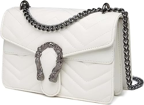 Damen Kette Umhängetasche - Schlange Leder Gesteppte Klappe Crossbody Schultertasche - Clutch Steppmuster Abendtasche Pochette Kettentasche - Frauen Handtasche Trendy Tasche Metallkette von Brinny