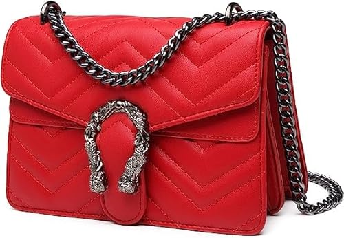 Damen Kette Umhängetasche - Schlange Leder Gesteppte Klappe Crossbody Schultertasche - Clutch Steppmuster Abendtasche Pochette Kettentasche - Frauen Handtasche Trendy Tasche Metallkette von Brinny