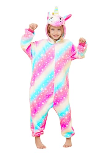 Onesie Pyjama Kinder Schlafanzug Einteiler Tier Jumpsuit Cosplay Kostüme Tier Outfit Kapuze Strampler Nachtwäsche Halloween Weihnachten Party Nachthemd Unisex Junge Mädchen 12,146-152cm von Brinny