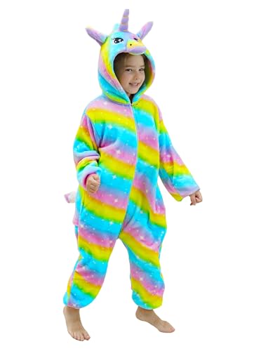 Onesie Pyjama Kinder Schlafanzug Einteiler Tier Jumpsuit Cosplay Kostüme Tier Outfit Kapuze Strampler Nachtwäsche Halloween Weihnachten Party Nachthemd Unisex Junge Mädchen 13,100-110cm von Brinny