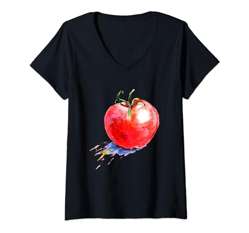 Damen Tomaten-Aquarell-T-Shirt, Tomaten-T-Shirts T-Shirt mit V-Ausschnitt von Brioprinting