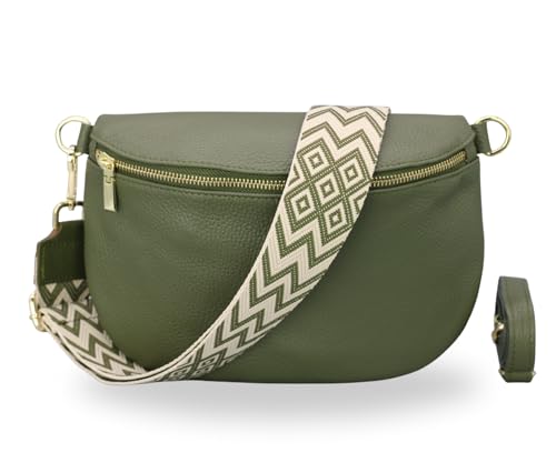 BRISE Bauchtasche Damen Echtleder AFIA Gold Handgemachte Umhängetasche Crossbody Bag mit Ledergurt + Optionalen Breiten Gemusterten Riemen 3 Fächer Hüfttasche Made in Italy (Khaki-Gold 2) von Brise Art