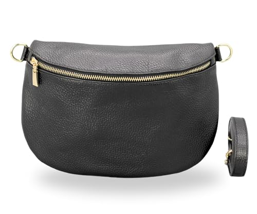BRISE Bauchtasche Damen Echtleder AFIA Gold Handgemachte Umhängetasche Crossbody Bag mit Ledergurt 3 Fächer Hüfttasche Gürteltasche Made in Italy (Schwarz-Gold 1) von Brise Art