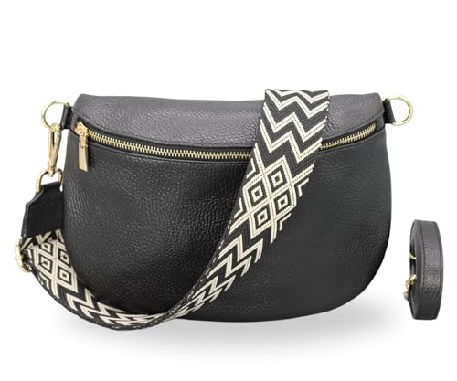 BRISE Bauchtasche Damen Echtleder AFIA Gold Handgemachte Umhängetasche Crossbody Bag mit Ledergurt + Optionalen Breiten Gemusterten Riemen 3 Fächer Hüfttasche Made in Italy (Schwarz-Gold 3) von Brise Art