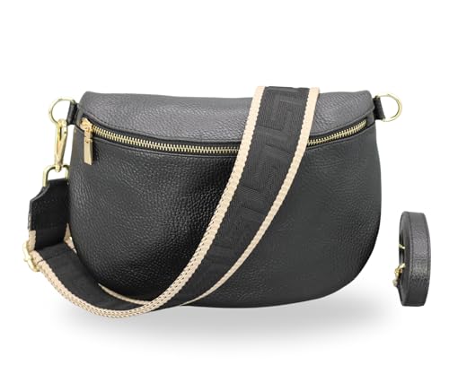 BRISE Bauchtasche Damen Echtleder AFIA Gold Handgemachte Umhängetasche Crossbody Bag mit Ledergurt + Optionalen Breiten Gemusterten Riemen 3 Fächer Hüfttasche Made in Italy (Schwarz-Gold 4) von Brise Art