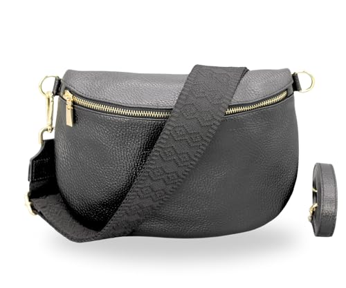 BRISE Bauchtasche Damen Echtleder AFIA Gold Handgemachte Umhängetasche Crossbody Bag mit Ledergurt + Optionalen Breiten Gemusterten Riemen 3 Fächer Hüfttasche Made in Italy (Schwarz-Gold 5) von Brise Art