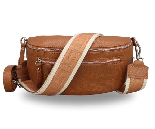 BRISE Bauchtasche Damen Echtes Leder Lucia Handgemachte Umhängetasche Crossbody Bag mit Ledergurt + Optionalen Breiten Gemusterten Riemen 3 Fächer Stylische Hüfttasche Made in Italy (Cognac Braun-3) von Brise Art