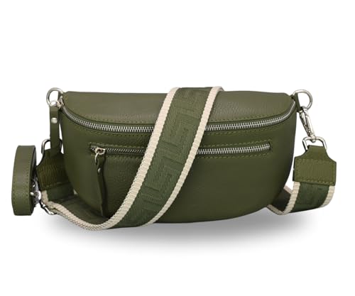 BRISE Bauchtasche Damen Echtes Leder Lucia Handgemachte Umhängetasche Crossbody Bag mit Ledergurt + Optionalen Breiten Gemusterten Riemen 3 Fächer Stylische Hüfttasche Made in Italy (Khaki - 3) von Brise Art