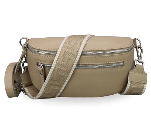 BRISE Bauchtasche Damen Echtes Leder Lucia Handgemachte Umhängetasche Crossbody Bag mit Ledergurt + Optionalen Breiten Gemusterten Riemen 3 Fächer Stylische Hüfttasche Made in Italy (Taupe - 3) von Brise Art