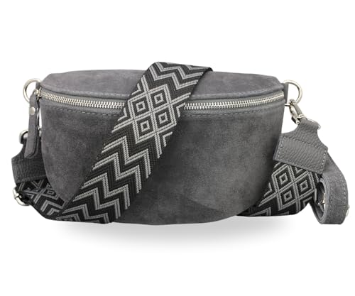 BRISE Bauchtasche Damen Echtes Wildleder SAHEL Handgemachte Umhängetasche Crossbody Bag Hüfttasche mit Ledergurt + Optionalen Breiten Gemusterten Riemen Gürteltasche Made in Italy (Dunkelgrau 2) von Brise Art
