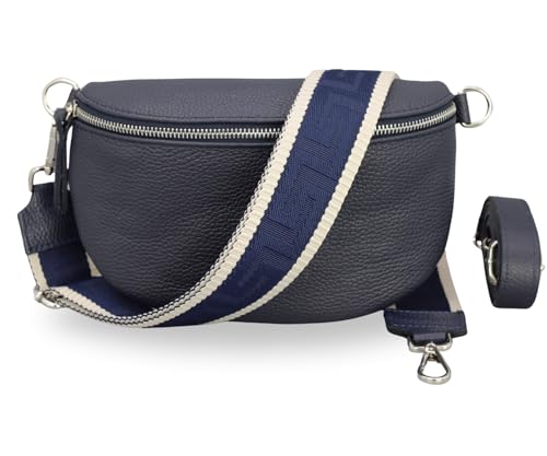 BRISE Bauchtasche Damen Echtleder SAHEL Silber Handgemachte Umhängetasche Crossbody Bag Hüfttasche mit Ledergurt + Optionalen Breiten Gemusterten Riemen Gürteltasche Made in Italy (Navyblau-Silber 3) von Brise Art