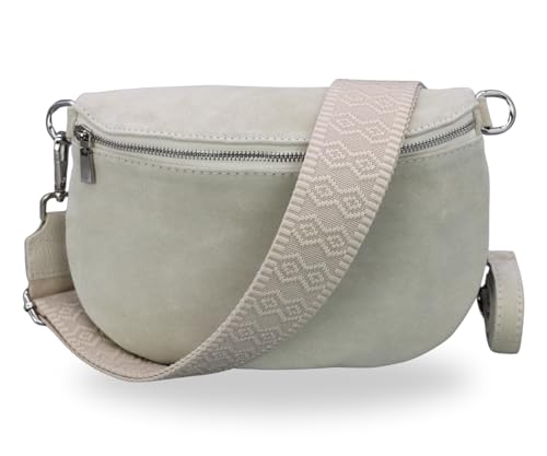 BRISE Bauchtasche Damen Wildleder AFIA Handgemachte Umhängetasche Crossbody Bag mit Ledergurt + Optionalen Breiten Gemusterten Riemen 3 Fächer Stylische Hüftltasche Made in Italy (Beige - 5) von Brise Art