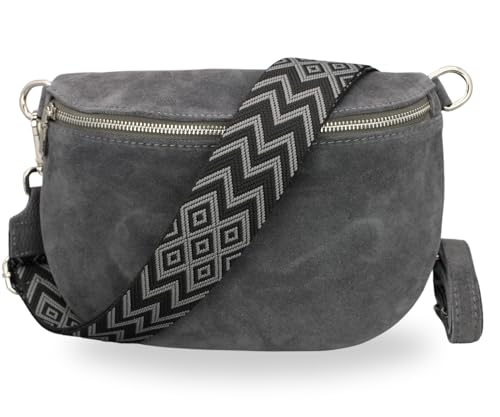 BRISE Bauchtasche Damen Wildleder AFIA Handgemachte Umhängetasche Crossbody Bag mit Ledergurt + Optionalen Breiten Gemusterten Riemen 3 Fächer Stylische Hüftltasche Made in Italy (Dunkelgrau-2) von Brise Art