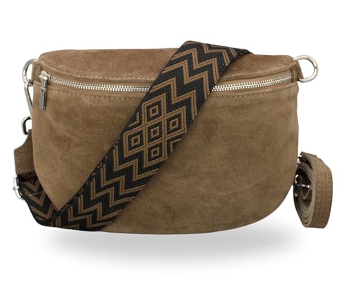 BRISE Bauchtasche Damen Wildleder AFIA Handgemachte Umhängetasche Crossbody Bag mit Ledergurt + Optionalen Breiten Gemusterten Riemen 3 Fächer Stylische Hüftltasche Made in Italy (Dunkeltaupe-2) von Brise Art