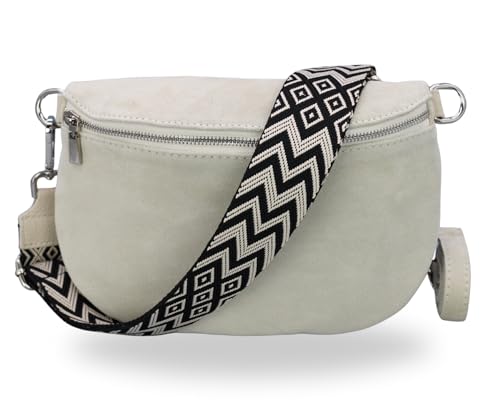 BRISE Bauchtasche Damen Wildleder AFIA Handgemachte Umhängetasche Crossbody Bag mit Ledergurt + Optionalen Breiten Gemusterten Riemen 3 Fächer Stylische Hüftltasche Made in Italy (Beige - 4) von Brise Art
