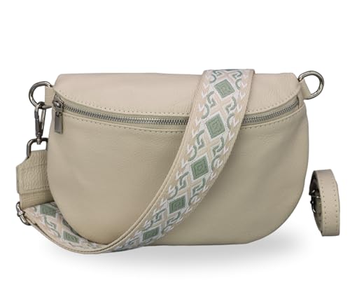 BRISE Damen Bauchtasche AFIA Handgemachte Umhängetasche Crossbody Bag Echtes Leder mit Ledergurt + Breiten Gemusterten Riemen 3 Fächer Stylische Made in Italy Gürteltasche (Beige - 2) von Brise Art