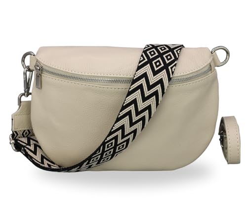BRISE Bauchtasche Damen Echtleder AFIA Silber Handgemachte Umhängetasche Crossbody Bag mit Ledergurt + Optionalen Breiten Gemusterten Riemen 3 Fächer Hüfttasche Made in Italy (Beige-Silber 2) von Brise Art