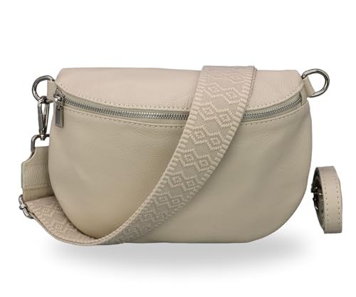 BRISE Damen Bauchtasche AFIA Handgemachte Umhängetasche Crossbody Bag Echtes Leder mit Ledergurt + Breiten Gemusterten Riemen 3 Fächer Stylische Made in Italy Gürteltasche (Beige - 5) von Brise Art