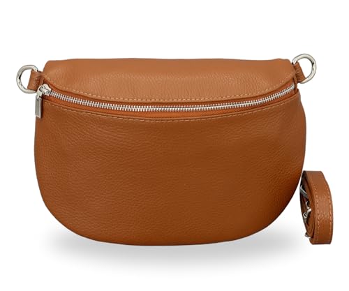 BRISE Bauchtasche Damen Echtleder AFIA Silber Handgemachte Umhängetasche Crossbody Bag mit Ledergurt Riemen 3 Fächer Hüfttasche Gürteltasche Made in Italy (Cognac Braun-Silber 1) von Brise Art
