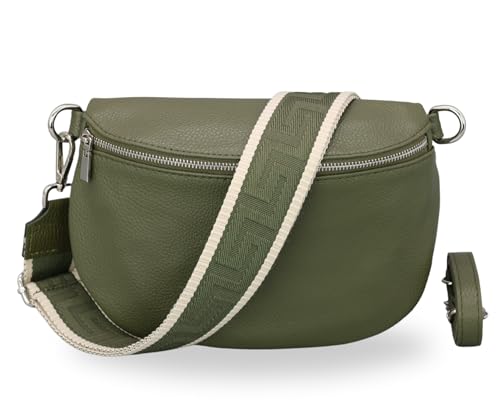 BRISE Bauchtasche Damen Echtleder AFIA Silber Handgemachte Umhängetasche Crossbody Bag mit Ledergurt + Optionalen Breiten Gemusterten Riemen 3 Fächer Hüfttasche Made in Italy (Khaki-Silber 3) von Brise Art