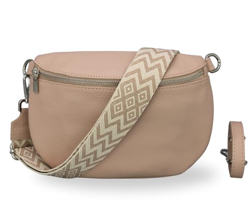 BRISE Damen Bauchtasche AFIA Handgemachte Umhängetasche Crossbody Bag Echtes Leder mit Ledergurt + Breiten Gemusterten Riemen 3 Fächer Stylische Made in Italy Gürteltasche (Rose - 2) von Brise Art