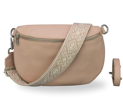 BRISE Damen Bauchtasche AFIA Handgemachte Umhängetasche Crossbody Bag Echtes Leder mit Ledergurt + Breiten Gemusterten Riemen 3 Fächer Stylische Made in Italy Gürteltasche (Rose - 3) von Brise Art