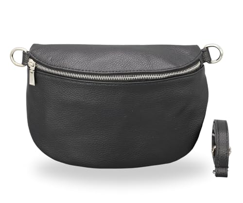 BRISE Damen Bauchtasche AFIA Handgemachte Umhängetasche Crossbody Bag Echtes Leder mit Ledergurt + Breiten Gemusterten Riemen 3 Fächer Stylische Made in Italy Gürteltasche (Schwarz - 1) von Brise Art