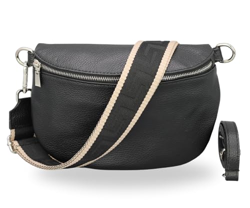 BRISE Damen Bauchtasche AFIA Handgemachte Umhängetasche Crossbody Bag Echtes Leder mit Ledergurt + Breiten Gemusterten Riemen 3 Fächer Stylische Made in Italy Gürteltasche (Schwarz - 4) von Brise Art